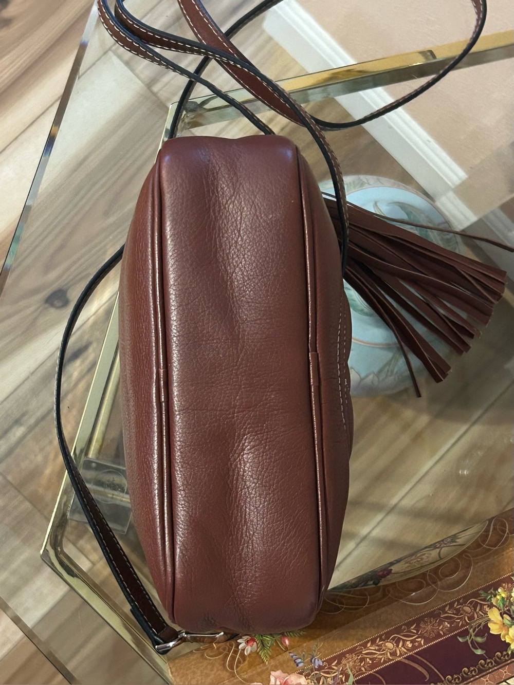 Mario Valentino Cognac Leather Quilted V Crossbody Bag with Fringe Tassel - Picture 7 of 14